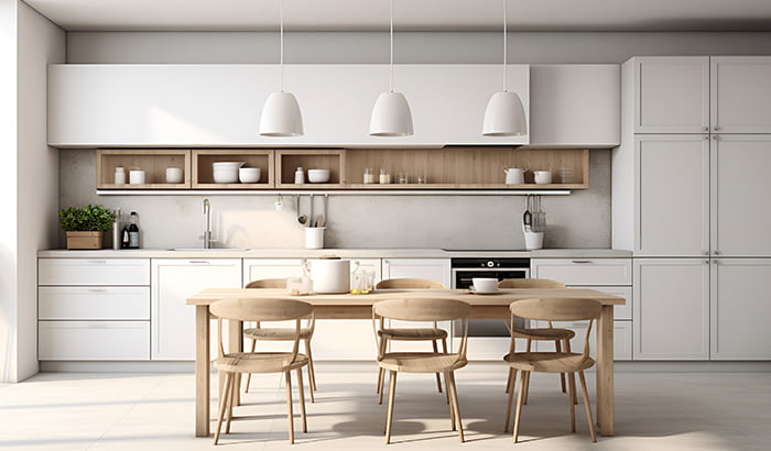 White Cabinets And Wooden Furniture In A Modern Kitchen, With A Durable And Family-friendly Countertop