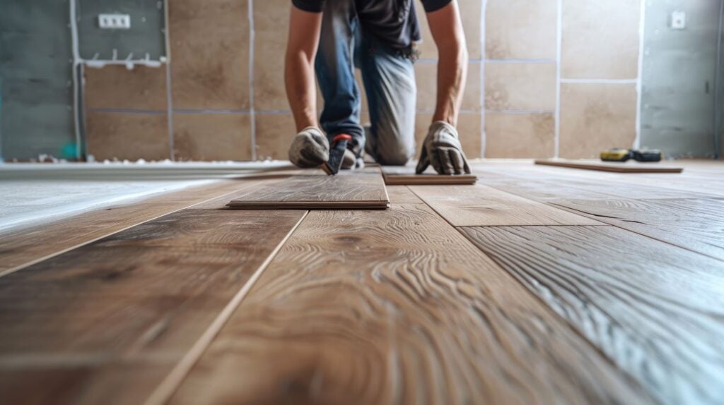 A man installing hardwood flooring on a wooden floor in Utah.