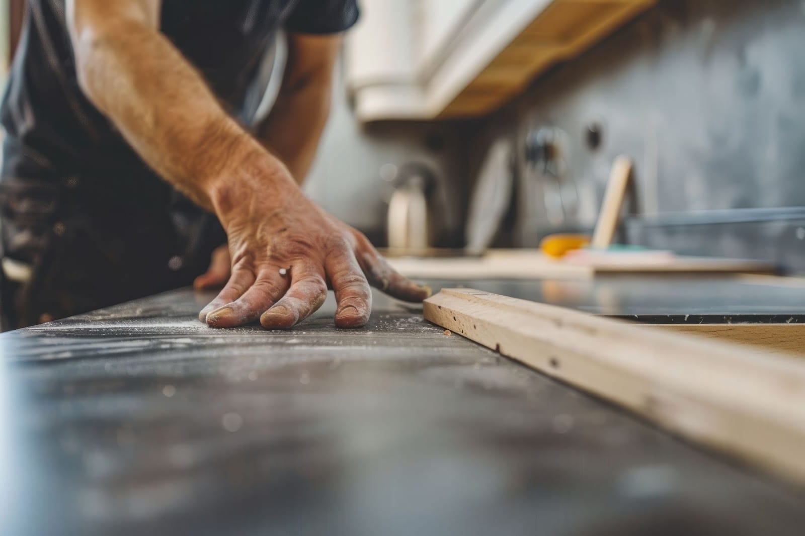 A man installs a kitchen countertop, focusing on precise measurements and craftsmanship in a modern kitchen setting.