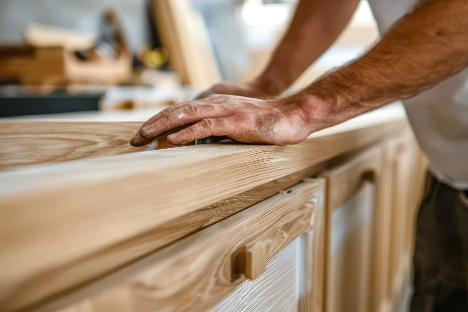 A man skillfully installs a wooden countertop in a kitchen, showcasing craftsmanship and attention to detail.